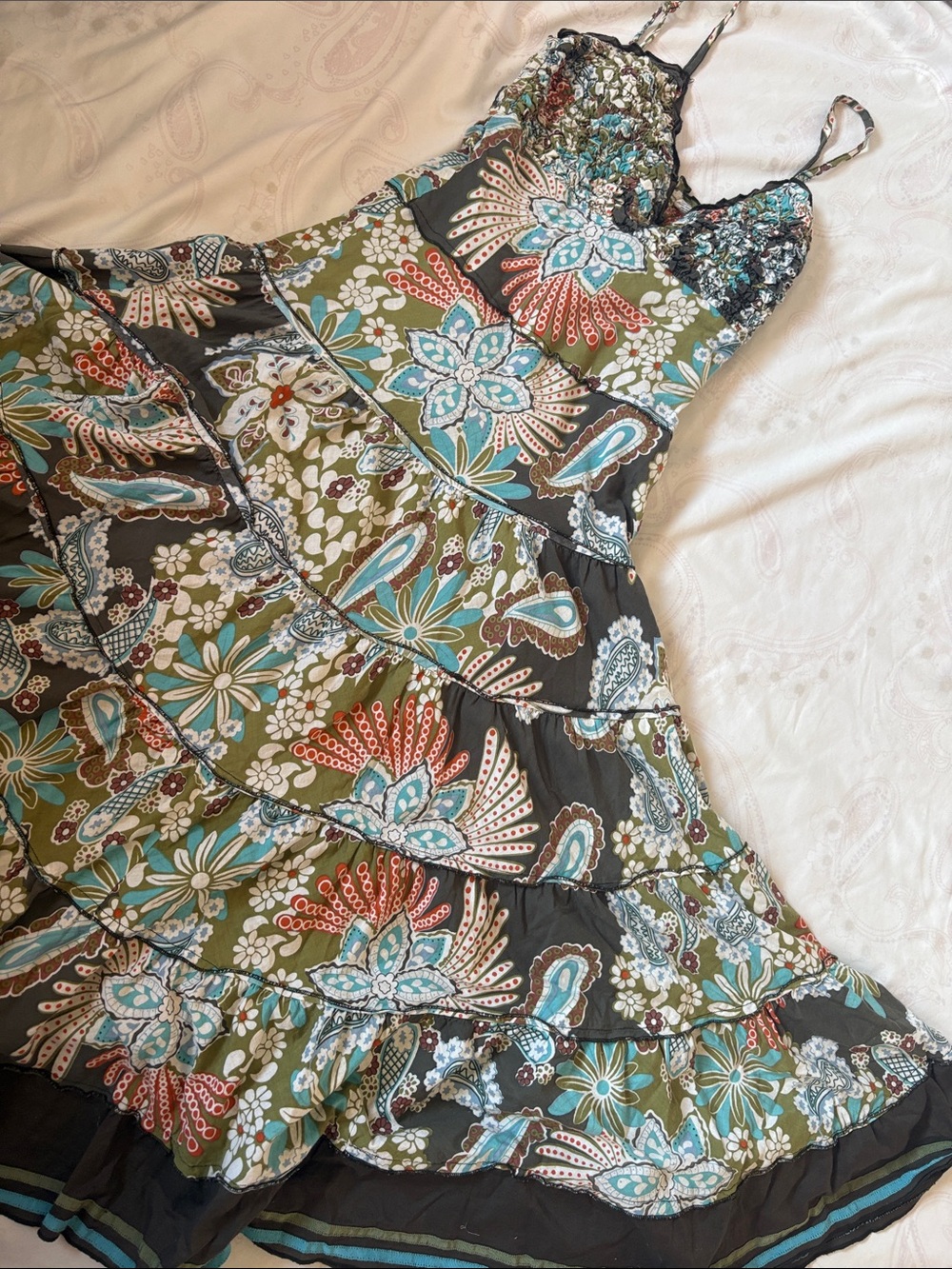 Y2K Floral Tiered Sundress with Spaghetti Straps - Olive & Teal